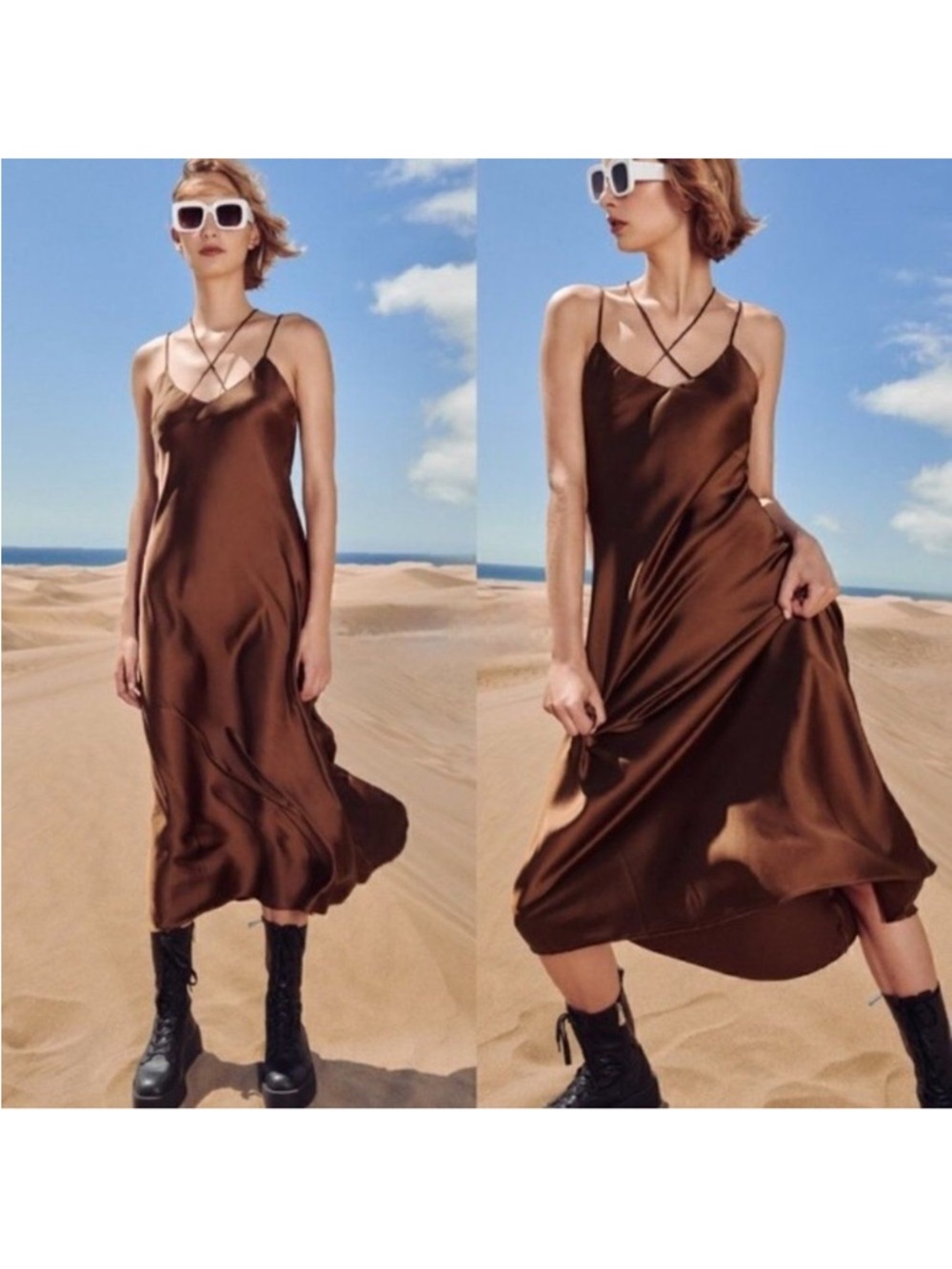 Zara Brown Satin Midi Slip Dress with Crisscross Straps
